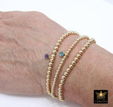 14K Gold Filled Birthstone Charms Bracelets, US 14 K GF Beaded 3 4 5 6 8 mm CZ, Colorful Stretchy