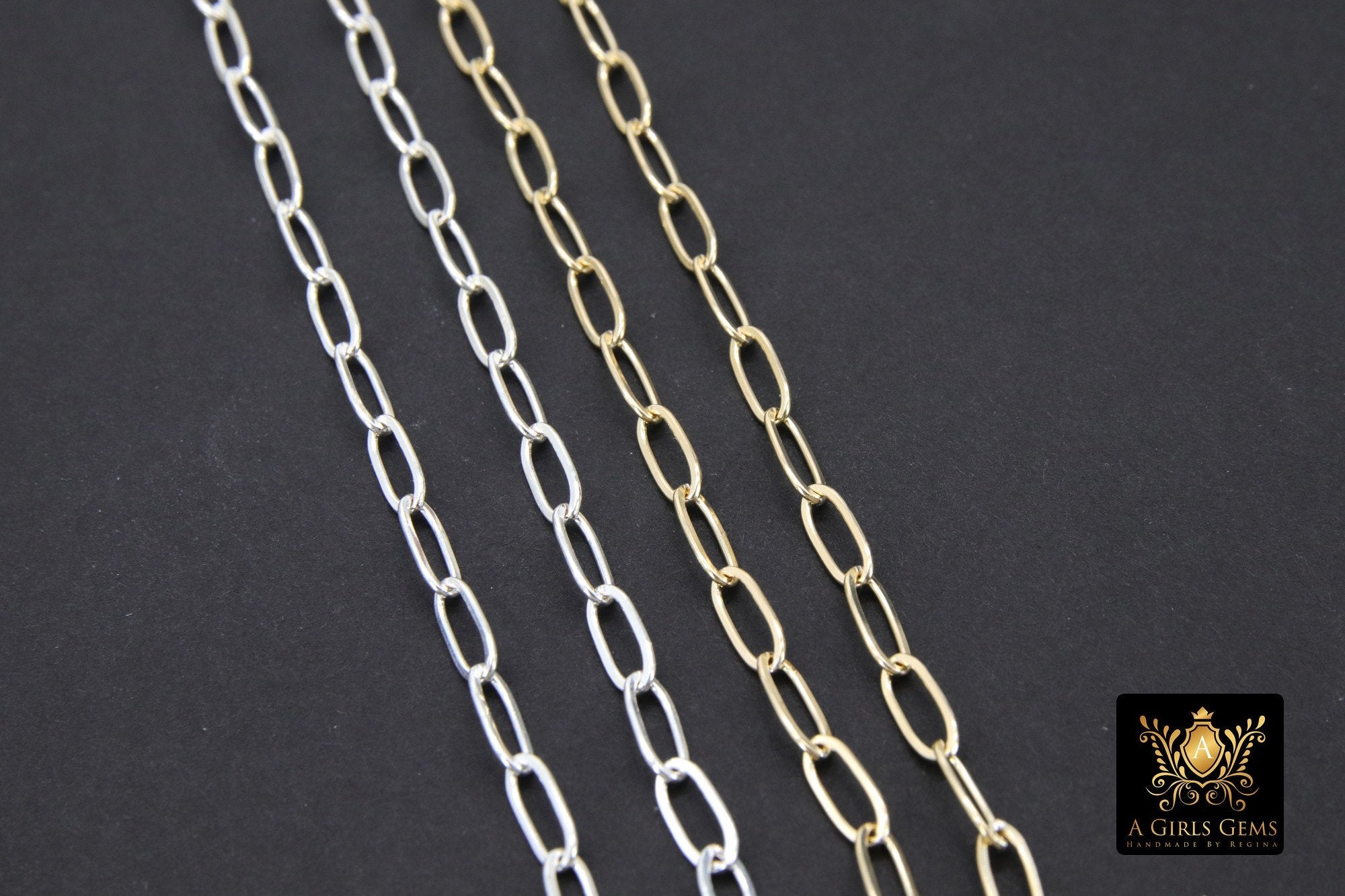 14 K Gold Filled Mixed Metal Paperclip Chain, 8.5 mm Rectangle Drawn CH# 856, 925 Sterling Silver Oval Chains CH# 756