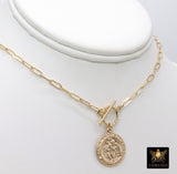 Protection Toggle Coin Necklace, Genuine 14 K Gold Filled Chain Necklace, St Christopher Medal Chunky Choker - 16 Inch