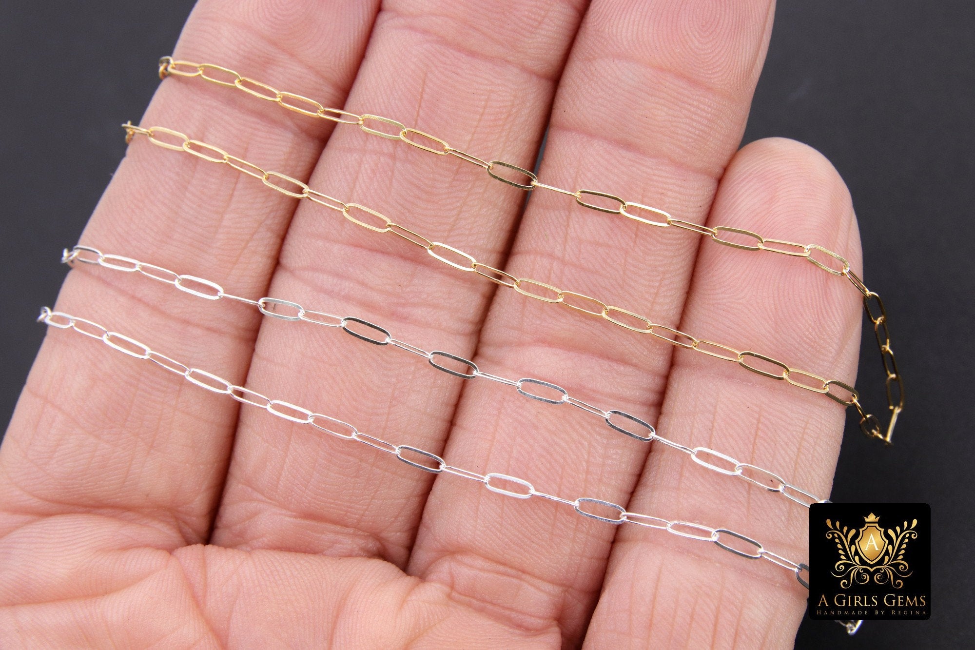 925 Sterling Silver Paperclip Chain, 5.2 mm 14 K Gold Filled Rectangle Drawn Chains CH #853, Unfinished Oval Chains