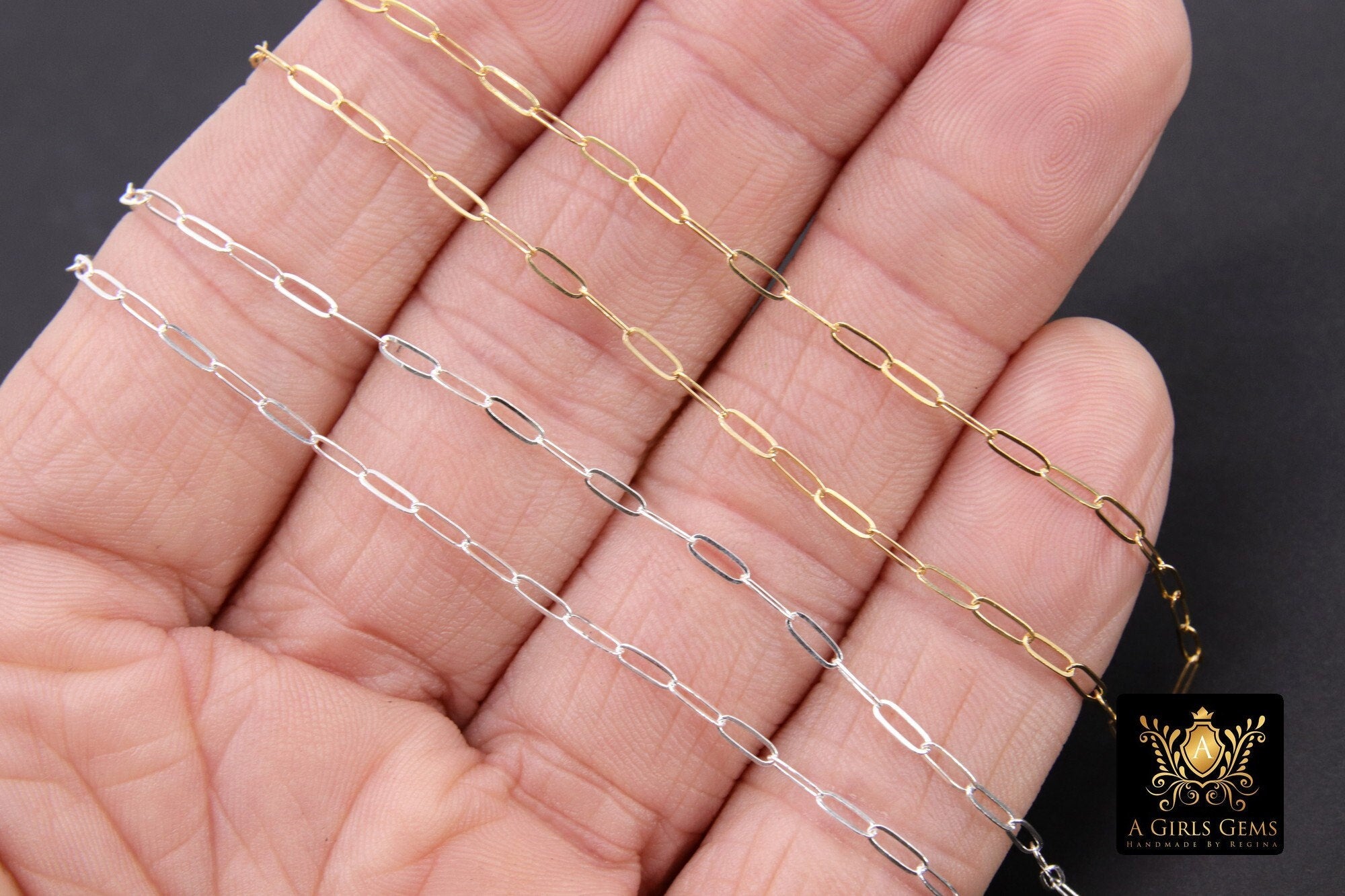 925 Sterling Silver Paperclip Chain, 5.2 mm 14 K Gold Filled Rectangle Drawn Chains CH #853, Unfinished Oval Chains