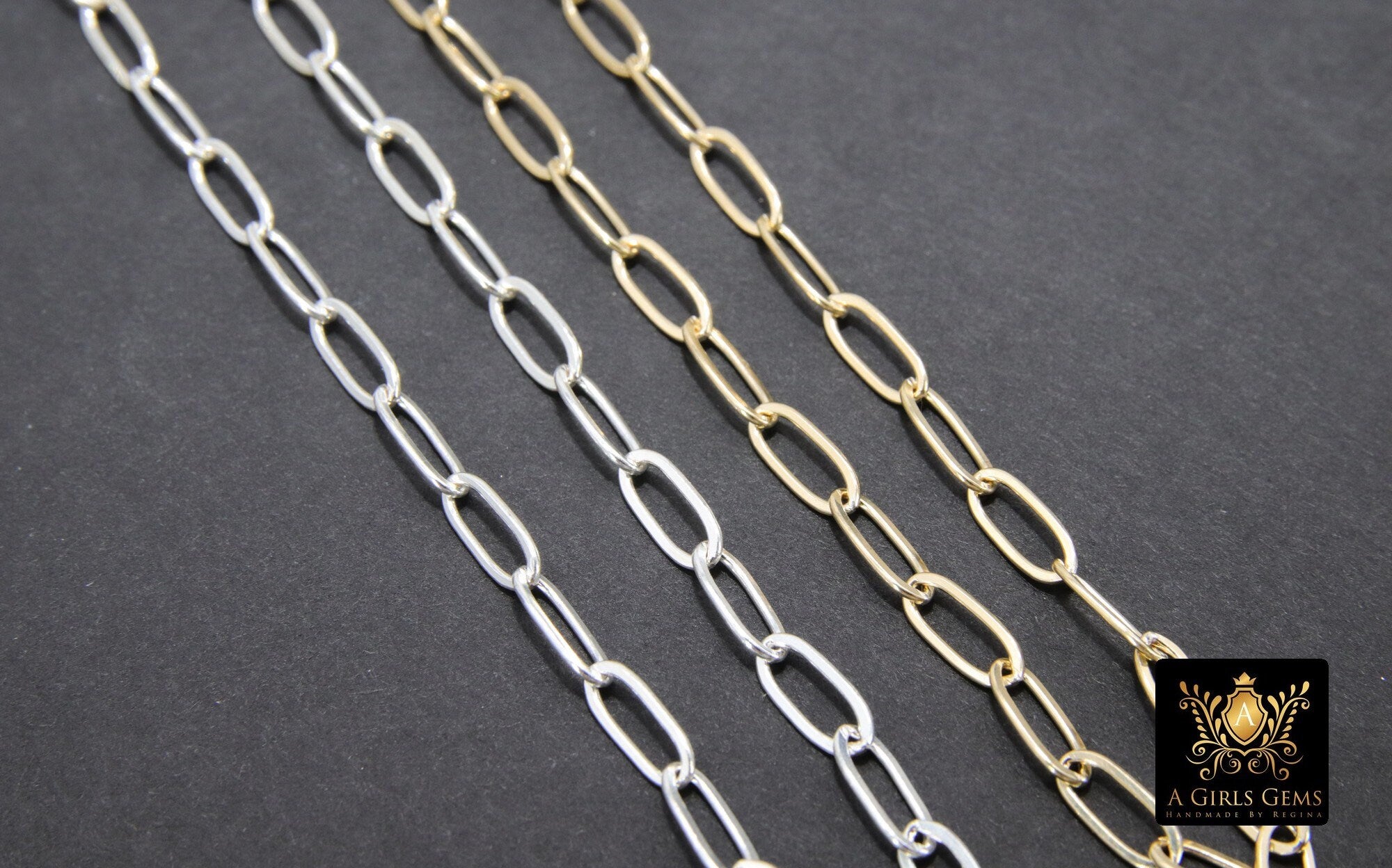 14 K Gold Filled Mixed Metal Paperclip Chain, 8.5 mm Rectangle Drawn CH# 856, 925 Sterling Silver Oval Chains CH# 756