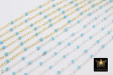 Gold Dainty Beaded Satellite Chain, Baby Blue Enamel Jewelry Chain CH #651, Bright Silver Pink