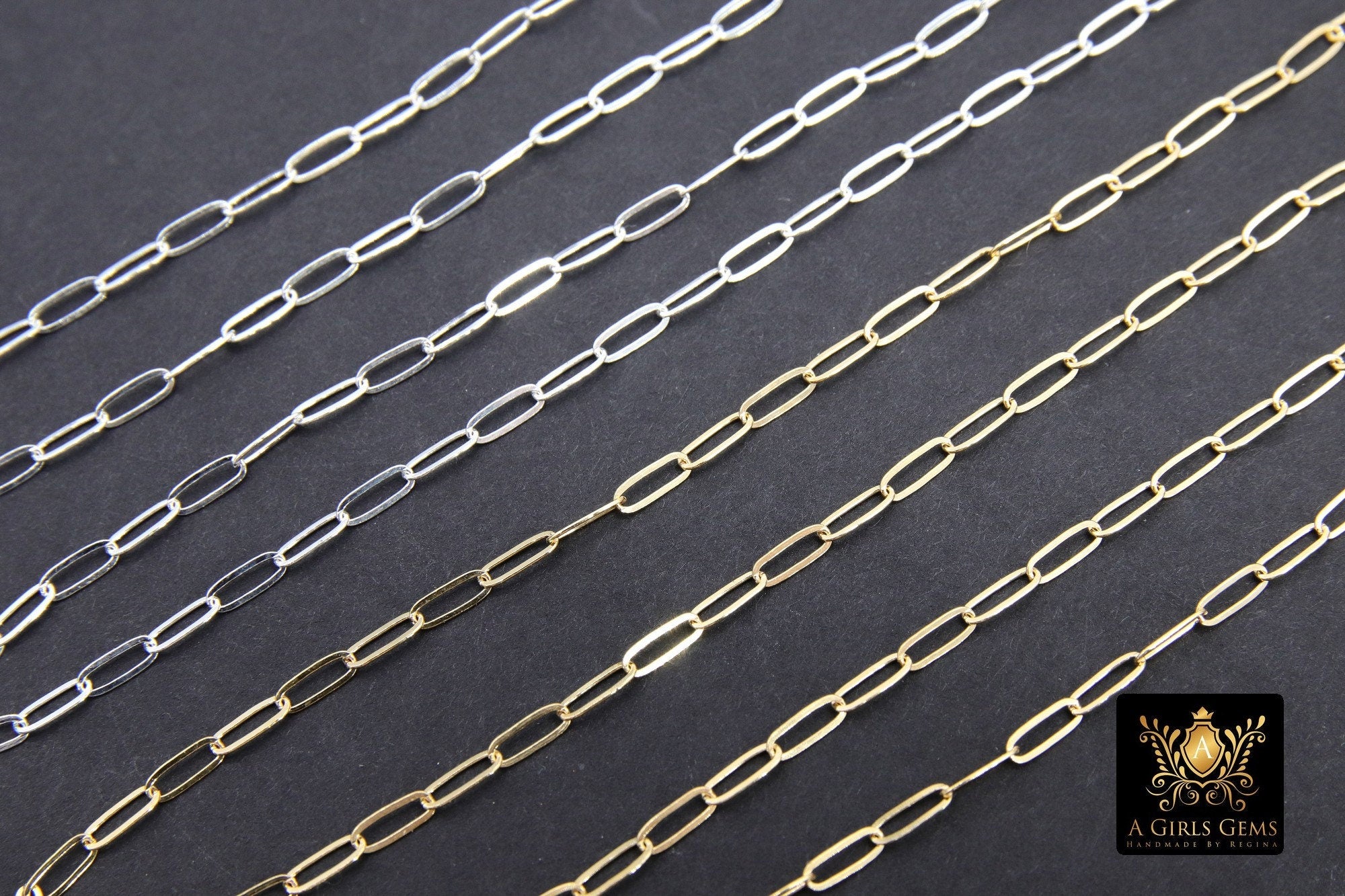 925 Sterling Silver Paperclip Chain, 5.2 mm 14 K Gold Filled Rectangle Drawn Chains CH# 853, Unfinished Oval Chains CH# 753