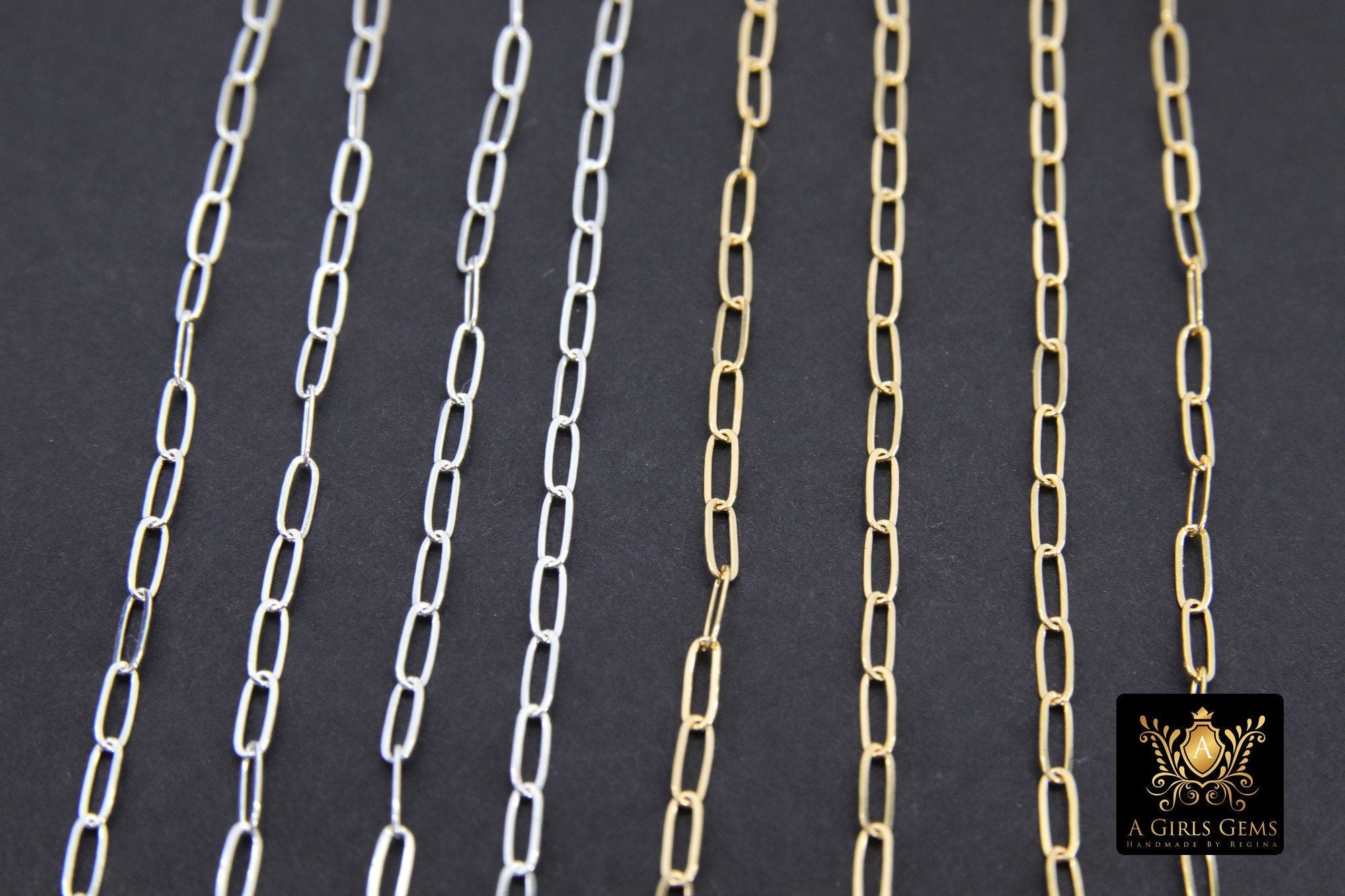 925 Sterling Silver Paperclip Chain, 5.2 mm 14 K Gold Filled Rectangle Drawn Chains CH# 853, Unfinished Oval Chains CH# 753