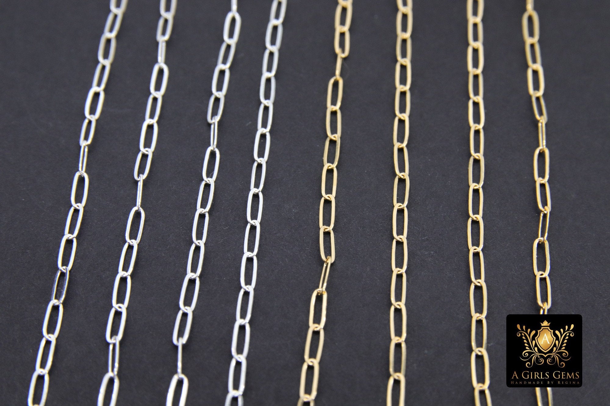 925 Sterling Silver Paperclip Chain, 5.2 mm 14 K Gold Filled Rectangle Drawn Chains CH #853, Unfinished Oval Chains