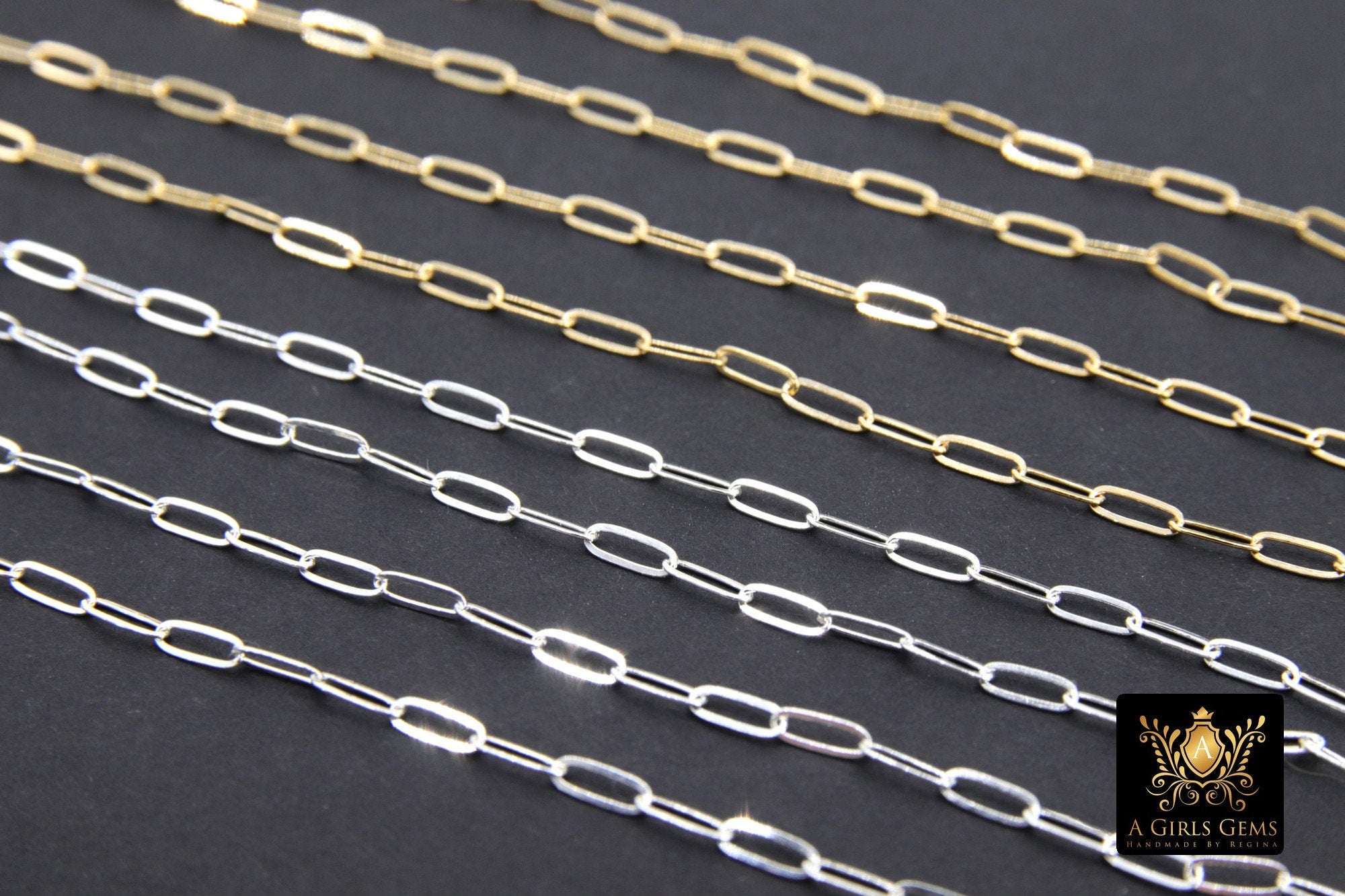 925 Sterling Silver Paperclip Chain, 5.2 mm 14 K Gold Filled Rectangle Drawn Chains CH #853, Unfinished Oval Chains