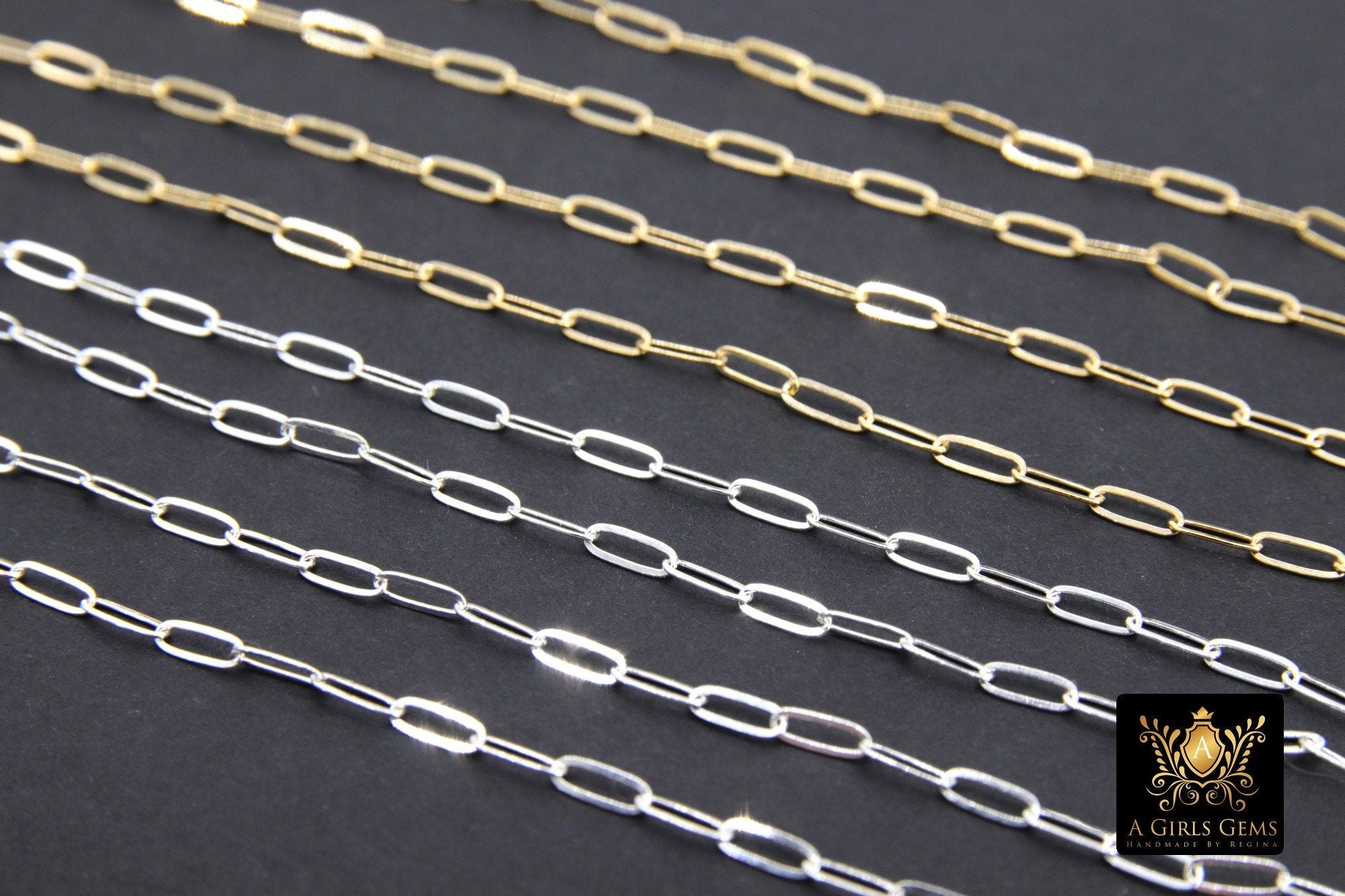 925 Sterling Silver Paperclip Chain, 5.2 mm 14 K Gold Filled Rectangle Drawn Chains CH# 853, Unfinished Oval Chains CH# 753