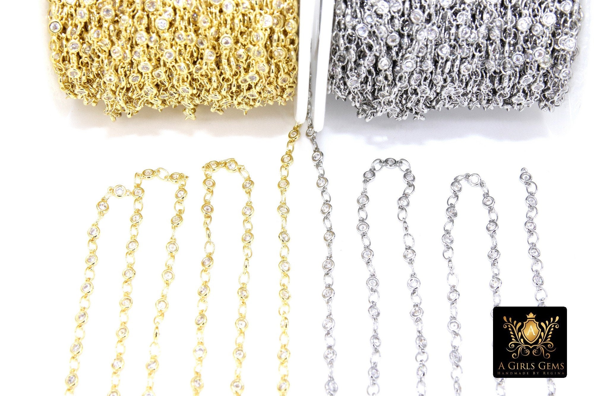 3mm Gold Mixed CZ Chain By The Yard, Silver Genuine Cubic Zirconia Chain CH# 560, By The Foot
