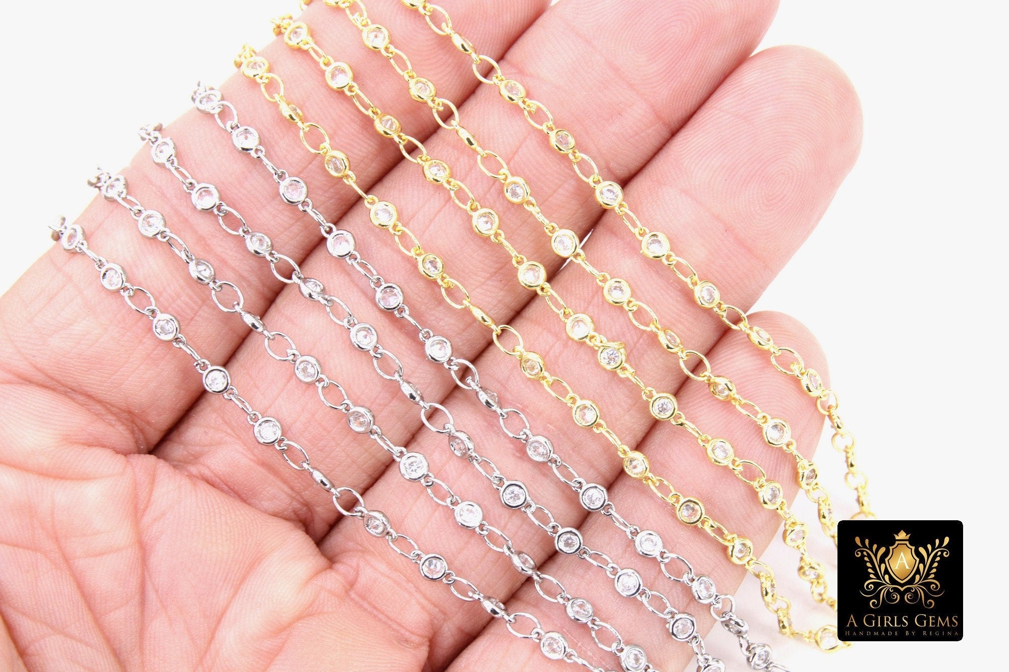 3mm Gold Mixed CZ Chain By The Yard, Silver Genuine Cubic Zirconia Chain CH# 560, By The Foot
