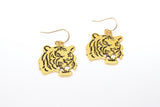 Gold Tiger Head Earrings, 14 K Gold Filled Ball End Ear Wires, Dangle LSU Gameday Jewelry