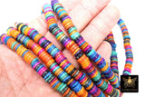 Shell Bead Heishi Bead Strands, Multi Color Black BS# 139, Fuchsia Pink and Gray Blue Flat Beads