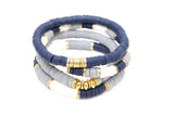 Heishi Beaded Bracelet, Blue Gray White Gold Stretchy Bracelet #3331, Georgetown Team School Spirit Clay Beaded Bracelets