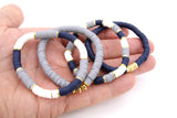 Heishi Beaded Bracelet, Blue Gray White Gold Stretchy Bracelet #3331, Georgetown Team School Spirit Clay Beaded Bracelets