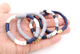 Heishi Beaded Bracelet, Blue Gray White Gold Stretchy Bracelet #3331, Georgetown Team School Spirit Clay Beaded Bracelets