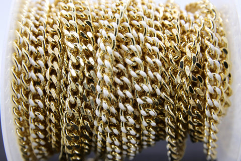 Gold Cuban Curb Chain, White Enamel Stainless Steel Chain CH# 649, 5 x 6 mm Flat Miami Oval Jewelry Chains
