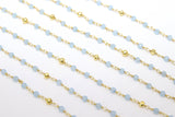 Aquamarine Rosary Chain, 4 mm Gold Faceted Pyrite Beaded, Wire Wrapped Aqua Blue by the Foot