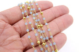 Aquamarine  Rosary Chain, 4 mm Gold Faceted Pyrite Beaded, Wire Wrapped Aqua Blue by the Foot