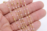Rose Quartz Rosary Chain, 4 mm Gold Faceted Pyrite Beaded # 460, Wire Wrapped Pink by the Foot