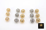Gold Plated Round Filigree Beads, 5 Pc Patterned Silver Metal Beads AG #3355, Round High Quality 8 mm Focal Beads