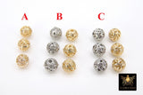 Gold Plated Round Filigree Beads, 5 Pc Patterned Silver Metal Beads AG #3355, Round High Quality 8 mm Focal Beads