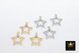 Cubic Zirconia Silver Star Charms, Small Gold Starbursts #3344, CZ Hollow Star Dangles