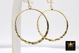 Textured Gold Round Hoop Ear Rings, 35 mm Glittery Gold Charms # 948, Hammered Wire Hoops