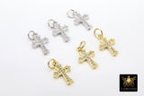 CZ Paved Gold Cross Charms, 10 x 15 mm Silver Cross Charm #3388, Minimalist Small Crosses