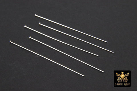 925 Sterling Silver Headpins, Long Wire Flat End Pins for Bead Inserts # 3408, 2 Inch long with 1.5 mm Head