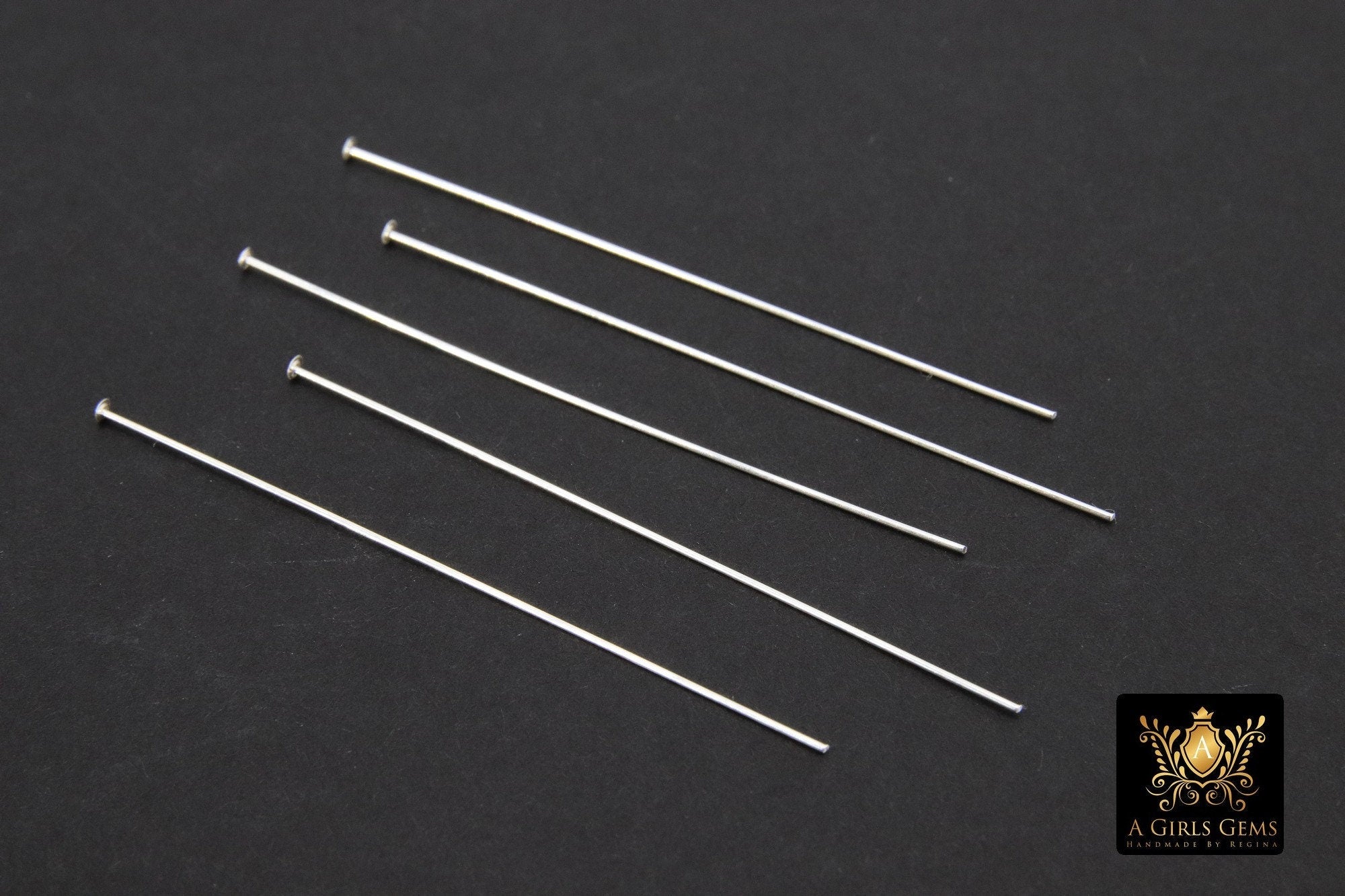 925 Sterling Silver Headpins, Long Wire Flat End Pins for Bead Inserts # 3408, 2 Inch long with 1.5 mm Head