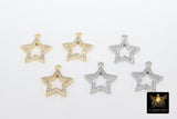 Cubic Zirconia Silver Star Charms, Small Gold Starbursts #3344, CZ Hollow Star Dangles