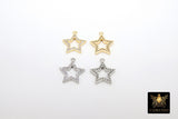 Cubic Zirconia Silver Star Charms, Small Gold Starbursts #3344, CZ Hollow Star Dangles