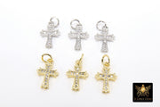 CZ Paved Gold Cross Charms, 10 x 15 mm Silver Cross Charm #3388, Minimalist Small Crosses