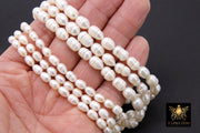 Genuine Pearl Bead Strands, 6 mm 12 mm White Baroque Pearl Beads CH#, Oval Freshwater Rice Pearl