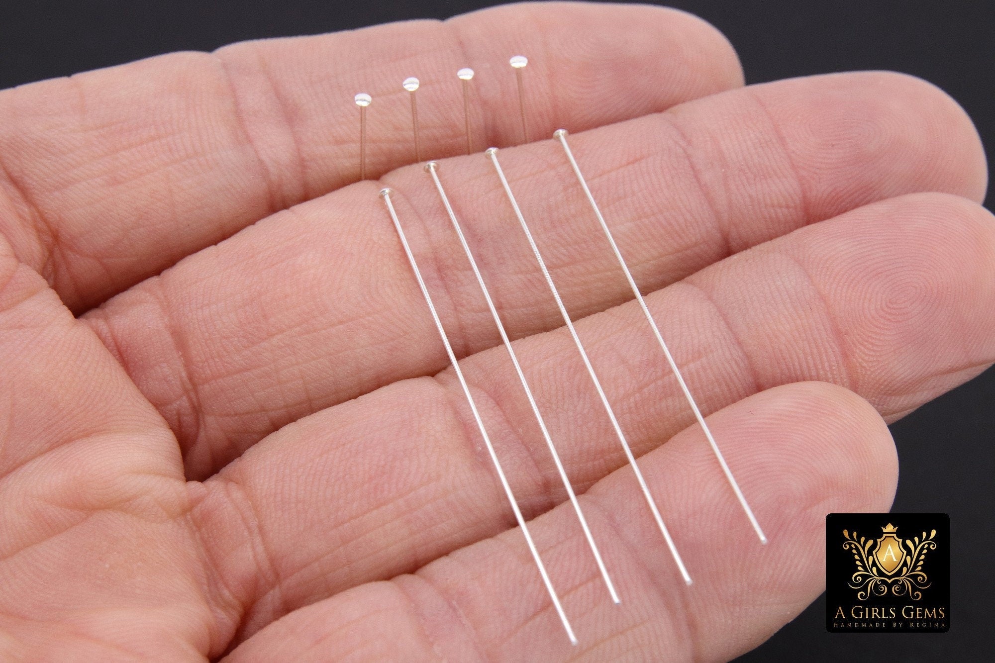 925 Sterling Silver Headpins, Long Wire Flat End Pins for Bead Inserts # 3408, 2 Inch long with 1.5 mm Head