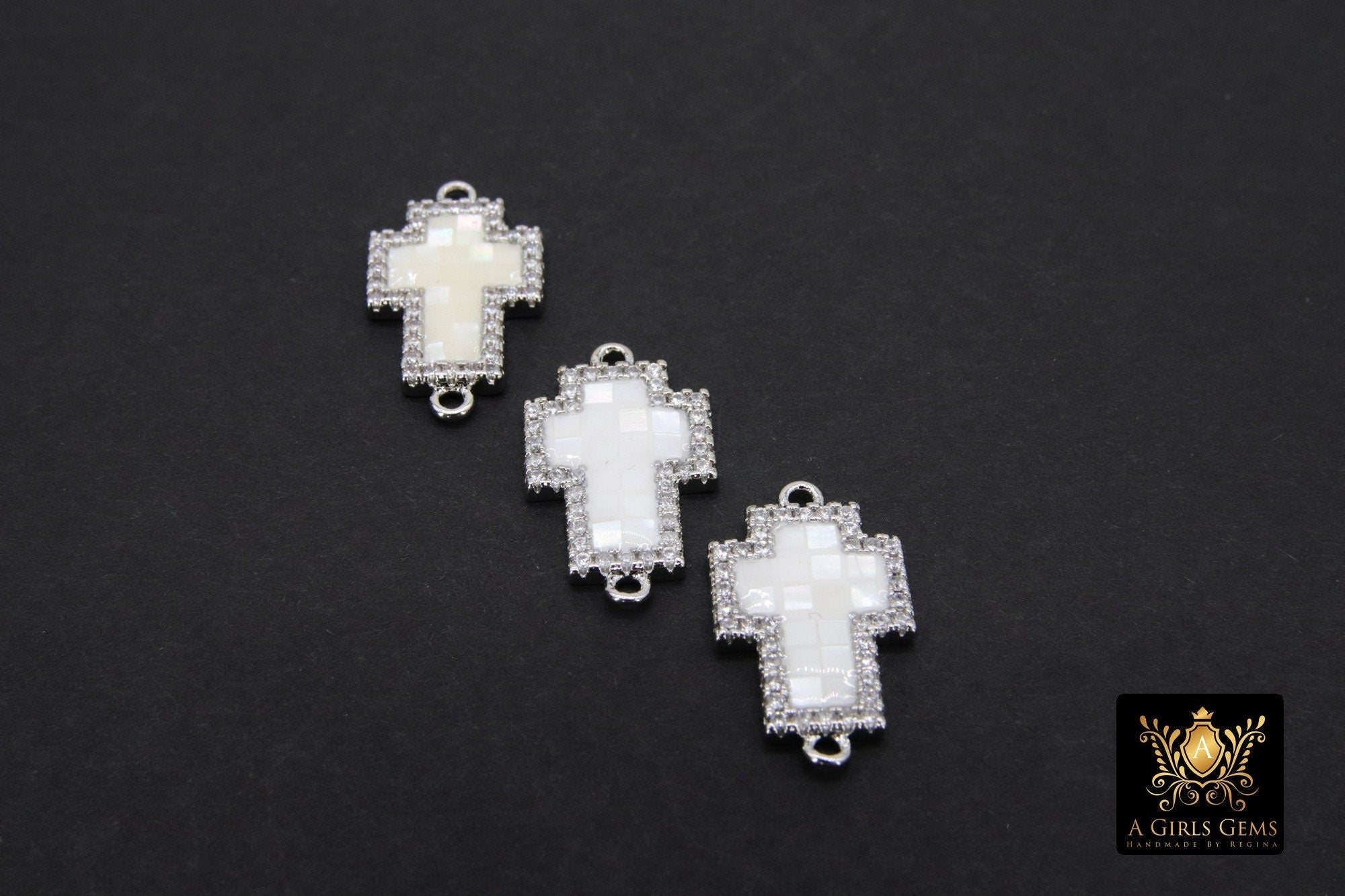 Silver Cross White Shell Connector, 12 mm Gold Cross Shell Links #30, Clear Cubic Zirconia
