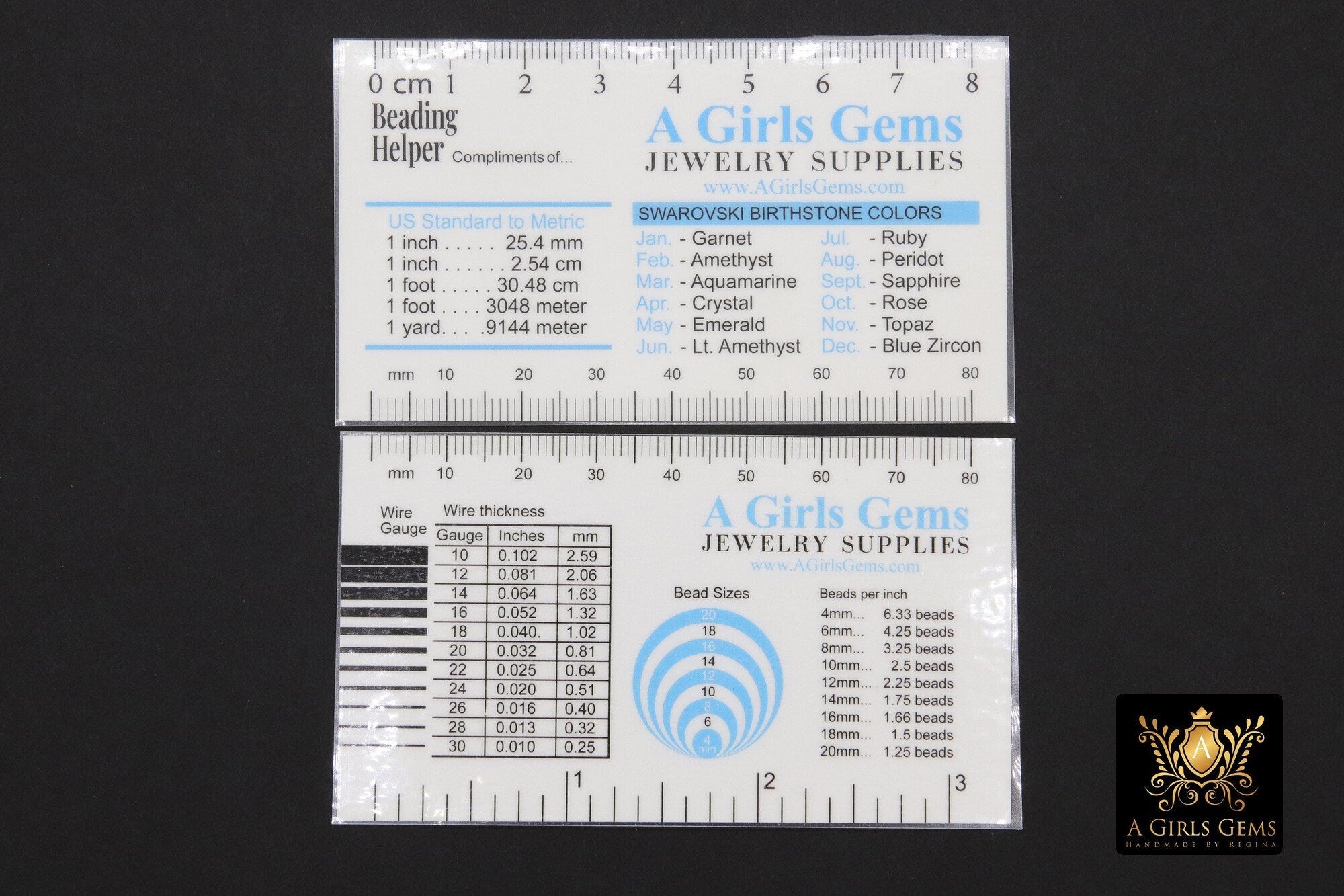 Bead Helper Laminated Cards, Bead or Wire Gauge Sizes, Ruler Reference In Centimeters, Millimeters or Inches, Pocket Jewelry Maker Tool
