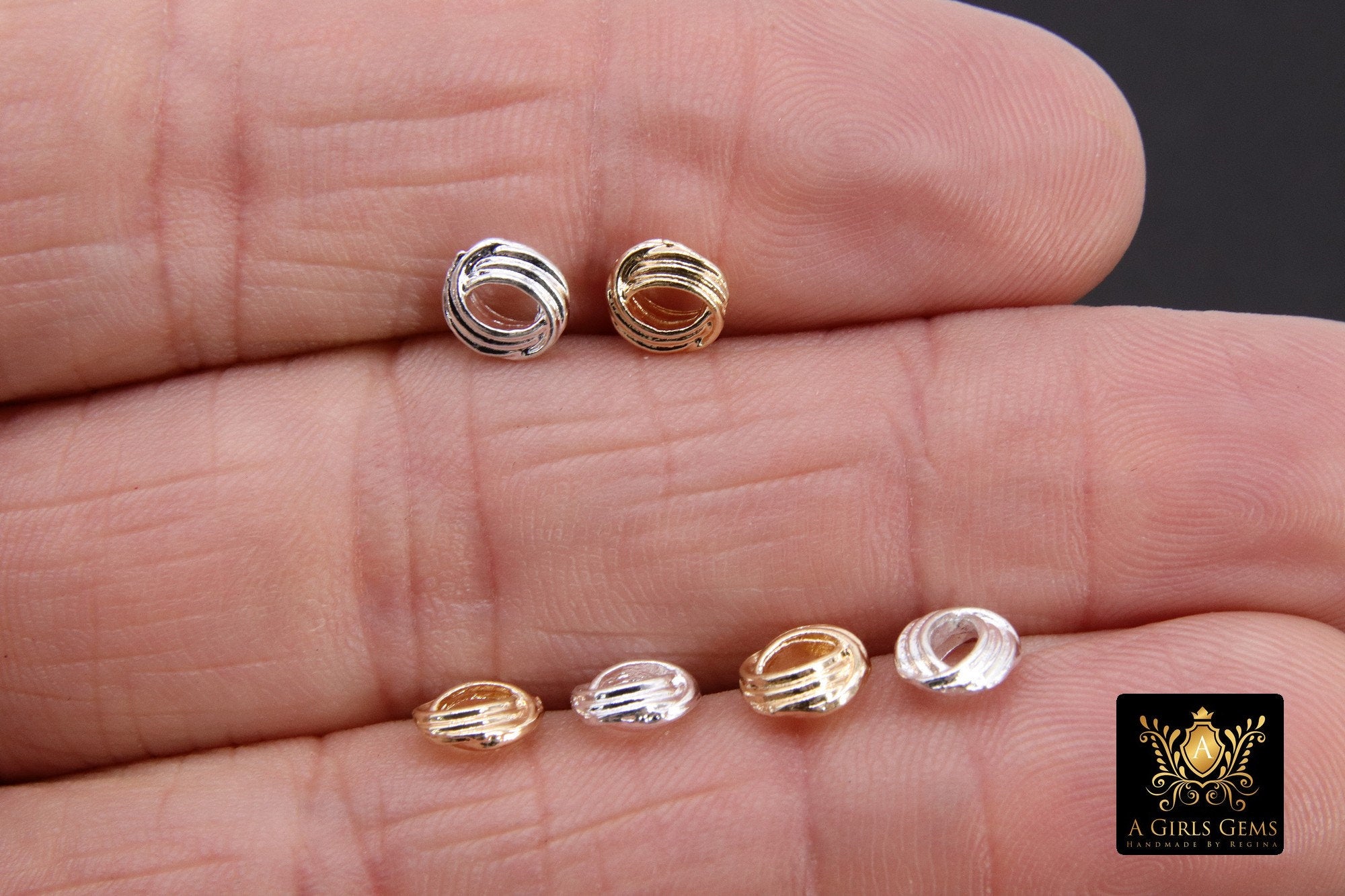 Gold Twist Spacer Beads, 6 mm Round Silver Soldered Jump Rings #3475, Fancy Bumpy Bright Silver Ring Twist