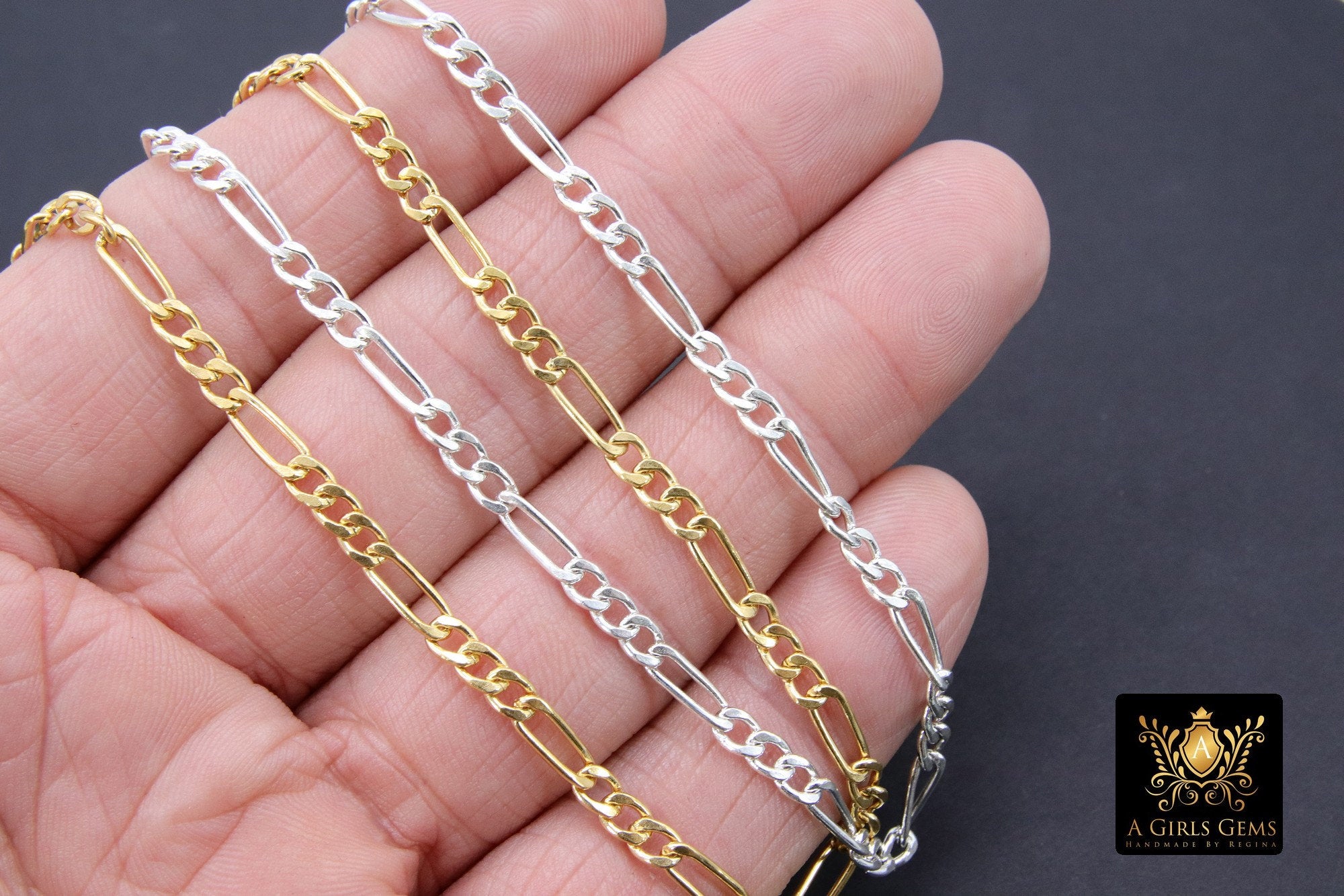 14 K Gold Filled Figaro Chains, 925 Sterling Silver 10 x 3.8 mm Large Unfinished Chain Link CH #664, Paperclip Long and Short Rolo CH #870