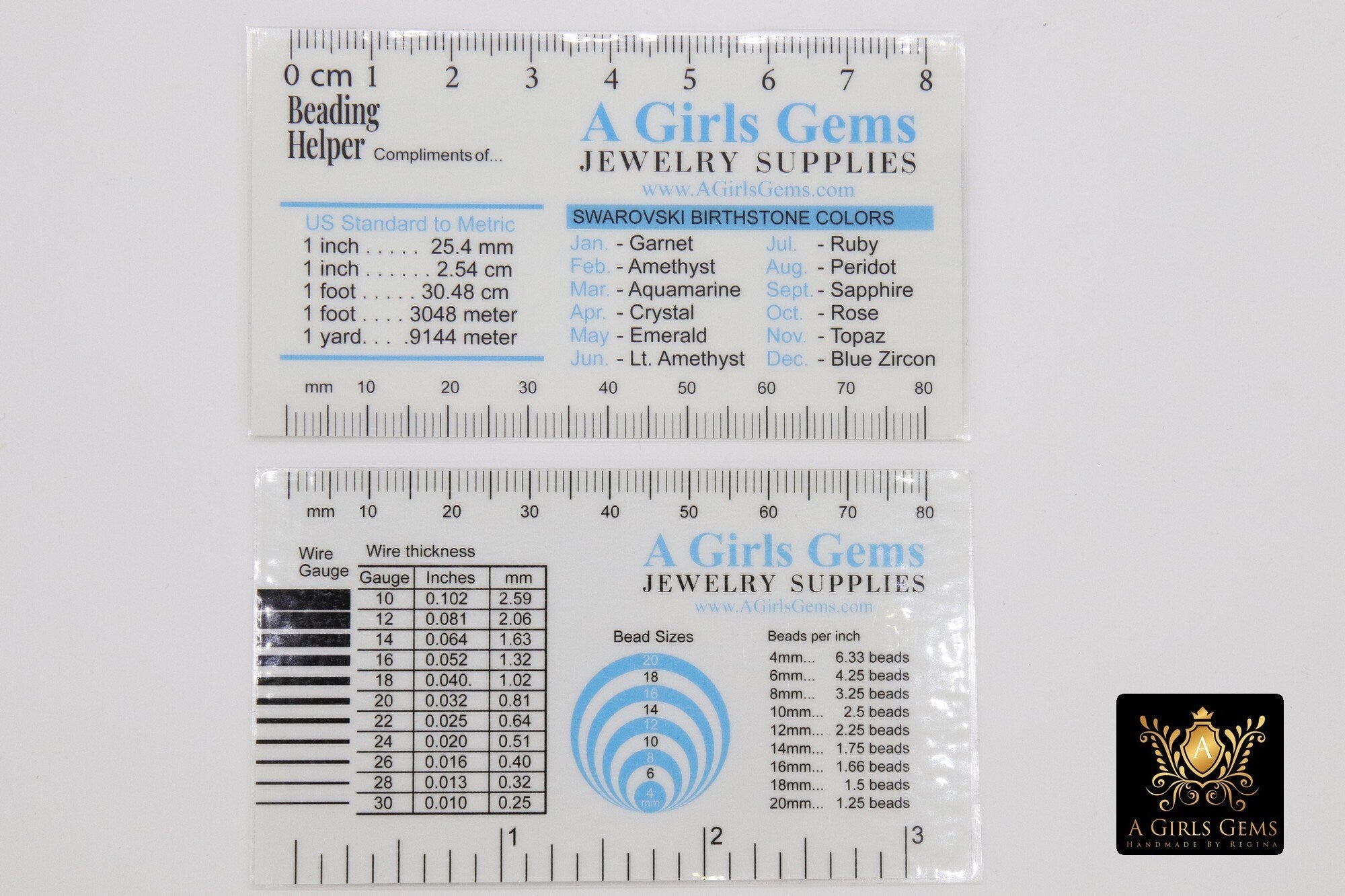 Bead Helper Laminated Cards, Bead or Wire Gauge Sizes, Ruler Reference In Centimeters, Millimeters or Inches, Pocket Jewelry Maker Tool
