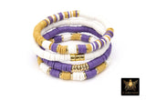 LSU Heishi Beaded Bracelet, 6 mm Purple White Gold Stretchy Bracelet #795, Rondelle Heishi Tigers Mom Team Spirit Clay Beaded Bangles