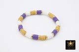 LSU Heishi Beaded Bracelet, 6 mm Purple White Gold Stretchy Bracelet #795, Rondelle Heishi Tigers Mom Team Spirit Clay Beaded Bangles