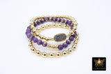 LSU Heishi Beaded Bracelet, 6 mm Purple Druzy Gold Stretchy Bracelet #795, Rondelle Heishi Tigers Charm Bracelet