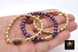 LSU Heishi Beaded Bracelet, 6 mm Purple Druzy Gold Stretchy Bracelet #795, Rondelle Heishi Tigers Charm Bracelet