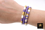 LSU Heishi Beaded Bracelet, 6 mm Purple White Gold Stretchy Bracelet #795, Rondelle Heishi Tigers Mom Team Spirit Clay Beaded Bangles