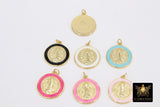 Gold Jesus Halo Religious Medal Charms, Enamel Mother Mary Medallion Medals #39, Aqua Blue Pink Black White Enamel