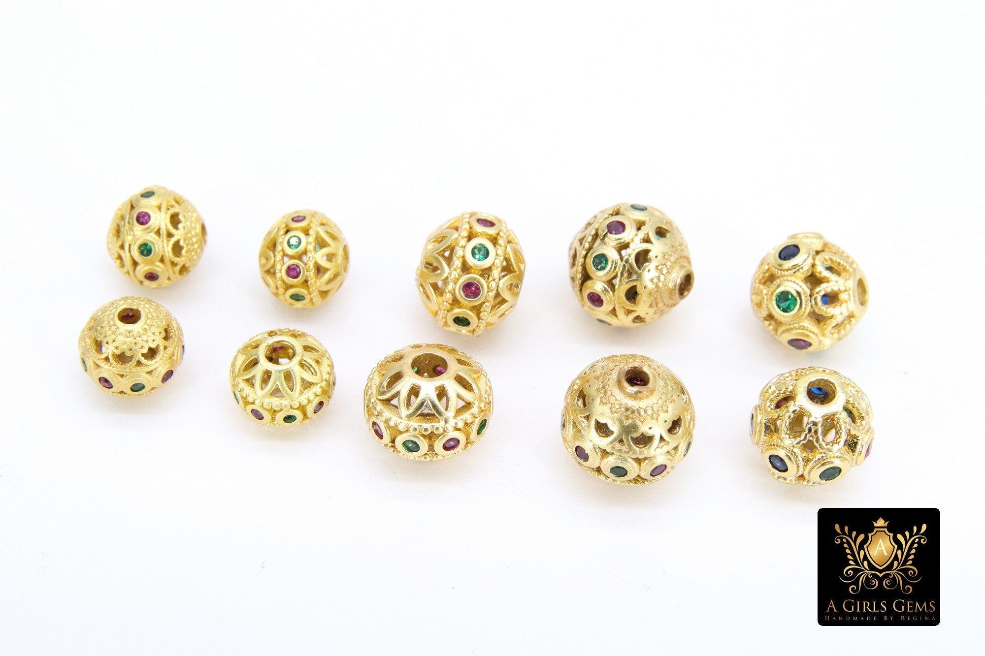 CZ Multi Color Pave Gold Round 6 mm 8 mm 10 mm Filigree Beads