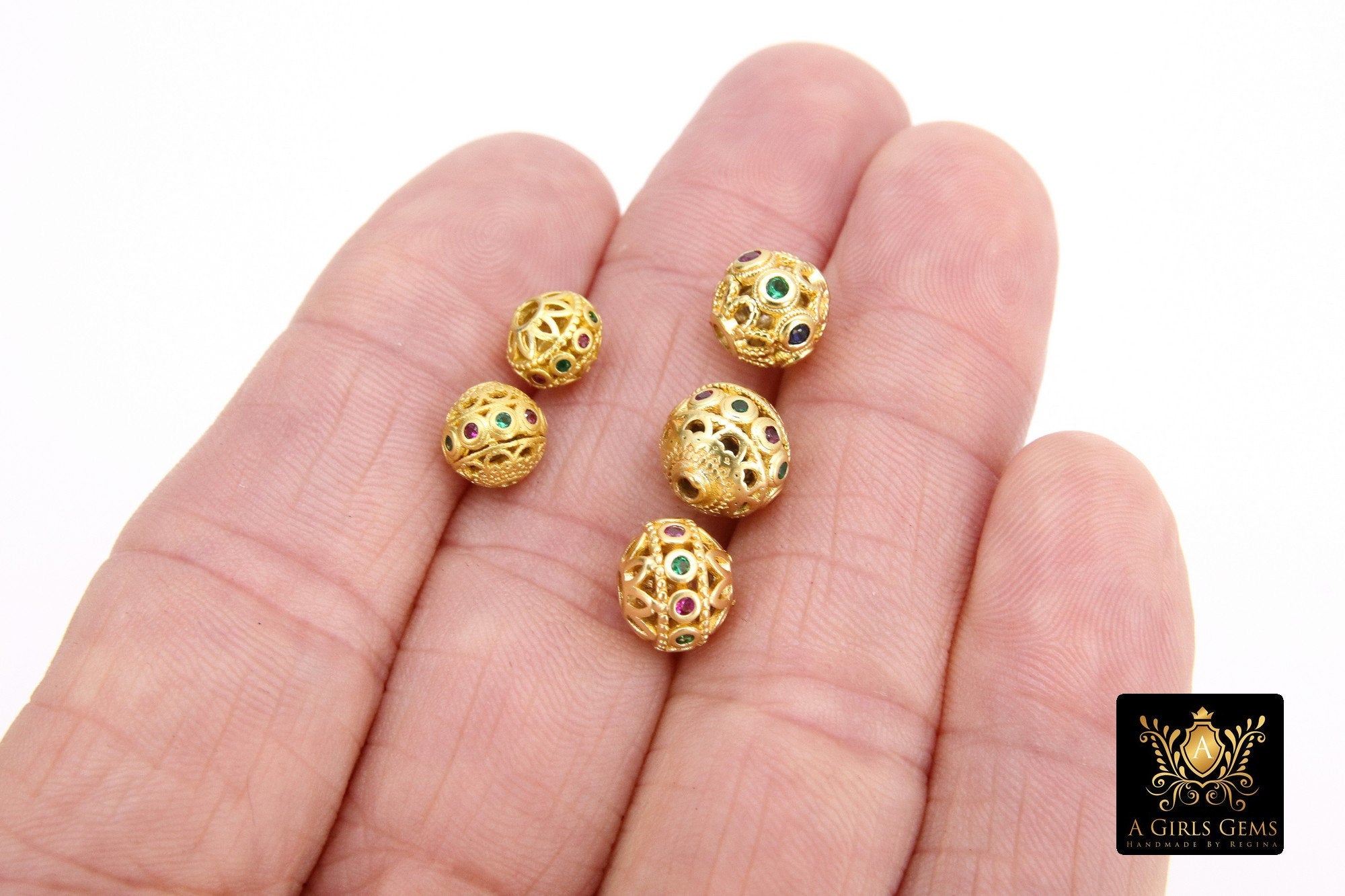 CZ Pave Gold Round Filigree Beads, 2 Pc Patterned Silver Metal Beads AG #3336,0 Round High Quality 8 mm Focal Beads, Jewelry Findings