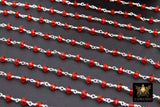 Ruby Red Silver Chain, Black Wire Wrapped 4 mm Faceted Beaded Red Chains CH #620, Gold Jewelry Rosary Roll