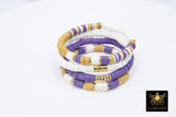 LSU Heishi Beaded Bracelet, 6 mm Purple White Gold Stretchy Bracelet #795, Rondelle Heishi Tigers Mom Team Spirit Clay Beaded Bangles